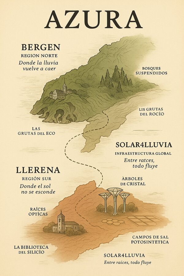 Solar4Rain map, and AI generated image based on the project prompt and in the style of Ursula Le Guin maps